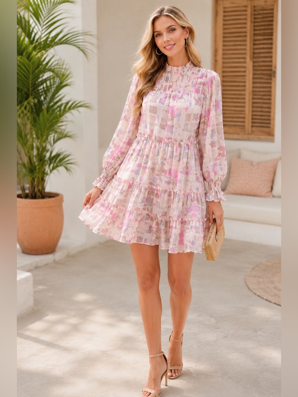 Entro Pink Abstract Print Smocked Tiered Ruffle Long Sleeve Mini Dress Medium - Picture 11 of 11